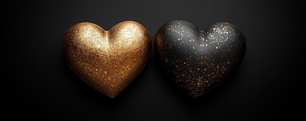 Obraz premium Two golden glittering hearts on a dark background symbolizing love and luxury