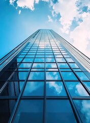 Obraz premium Low-angle photograph of a tall building with blue glass windows, against a blue sky background with clouds in the distance.