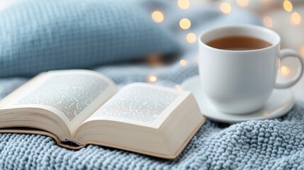 A soft knitted blanket, an open book, and a steaming cup of tea for a peaceful moment