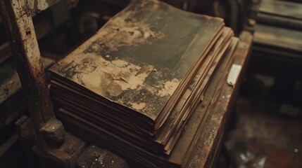 Dusty Stacks of Old Print Paper in Abandoned Print Shop Interior