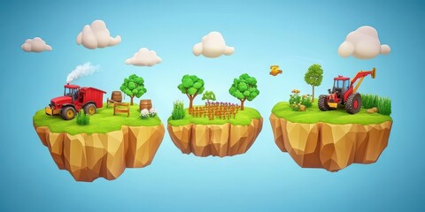 Cartoon depiction of several floating farms in a blue sky background