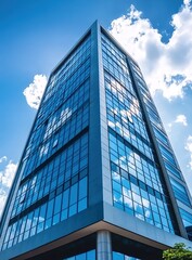 Obraz premium Low-angle photograph of a tall building with blue glass windows, against a blue sky background with clouds in the distance.