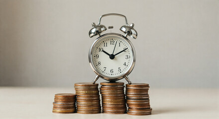 Un réveil sur des piles de pièces représentant le concept de temps et d'argent, planification financière. Le temps, c'est de l'argent