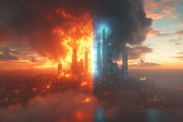 Fototapeta premium a city divided: fire and ice, symbolizing contrasting forces of destruction and renewal. The cityscape is split, with one side engulfed in flames and the other encased in icy fog