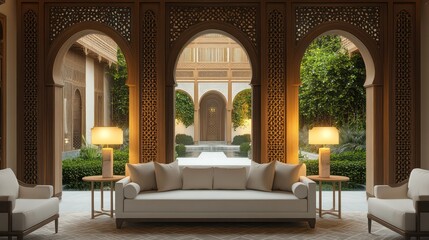 A serene Arabic-style living room with classic wooden arches and intricate wall carvings