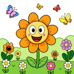 Cute floral illustration with butterflies and bees in a springtime setting