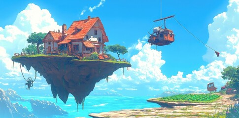 Obraz premium A beautiful artwork depicts a house on a floating island