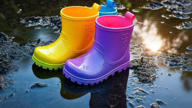 Bright children's rain boots in puddle with playful colors and reflections