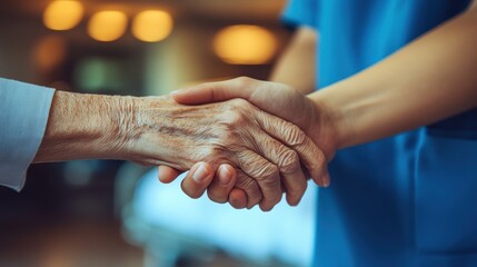 A touching close-up of an elderly person’s wrinkled hand gently clasping a caregiver’s hand, symbolizing compassion and support