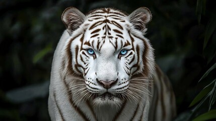 Naklejka premium Close up of majestic white tiger with icy blue eyes sleek fur and dark stripes A foggy jungle background enhances the mythical beauty