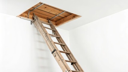 Attic Access Ladder and Hatch on White Background
