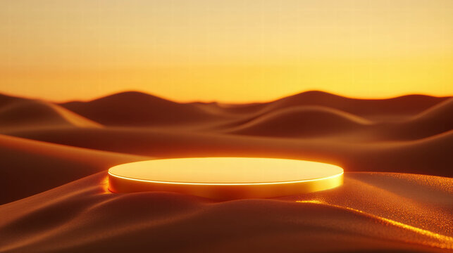 Elegant gold podium on smooth desert dunes in sunset glow