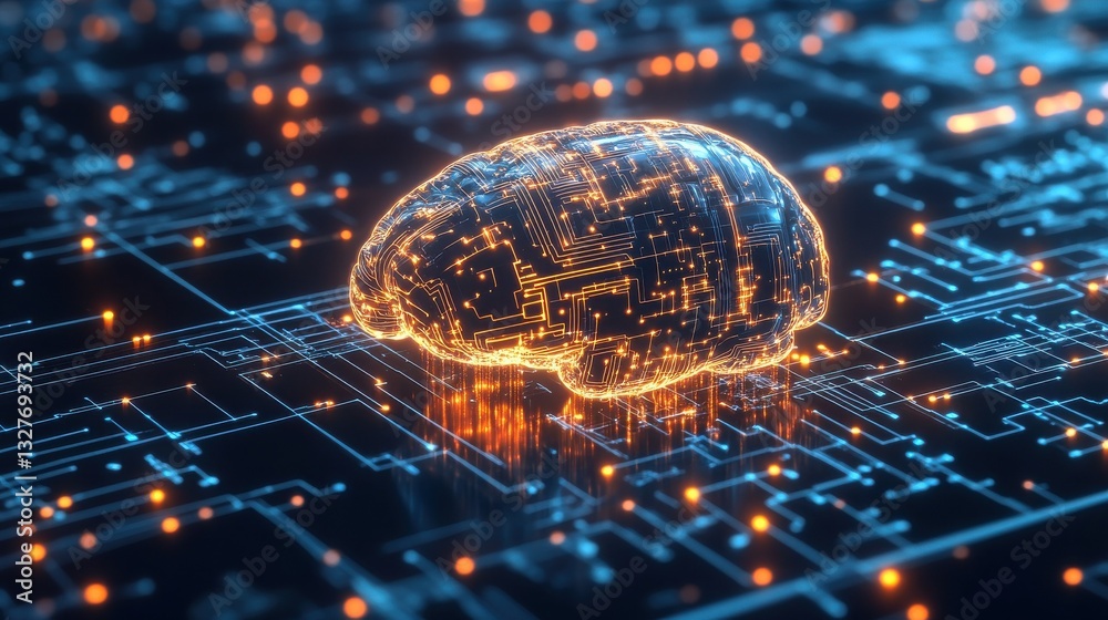 Poster a digital brain with circuit lines representing artificial intelligence in cybersecurity defense sys