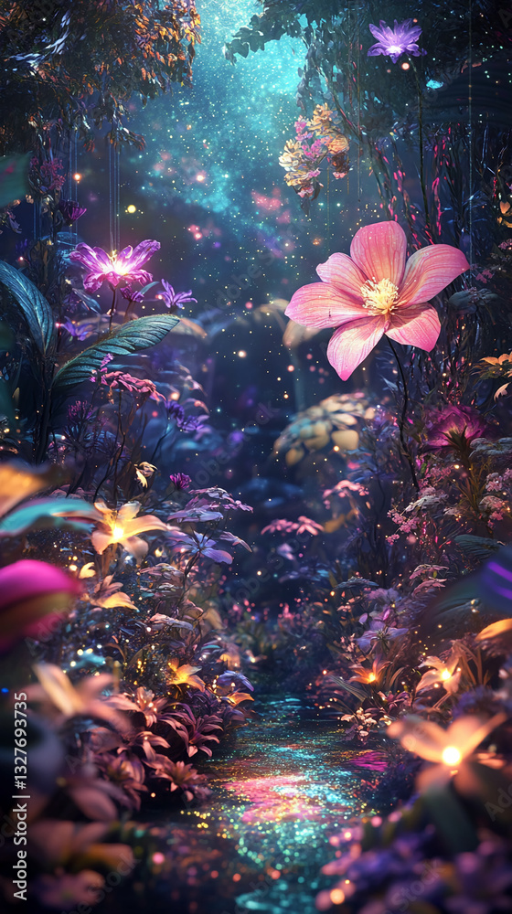 Aufkleber Luminous flowers and glowing path in a mystical forest, creating a magical and enchanting scene, representative of fantasy, dreams, and wonder