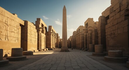 古代神殿黄金色夕日輝くオベリスク神聖な空間