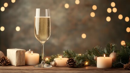 A festive setting displays a flute of sparkling drink next to candles and pinecones, ideal for holiday-related content, celebrations, or cozy gatherings, Perfect for articles, invitations