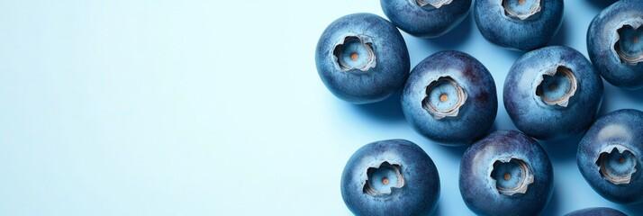 A cluster of fresh blueberries on a light blue background, with ample copy space on the right
