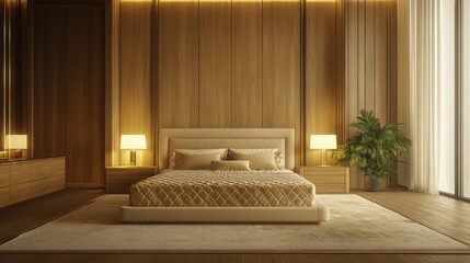 A serene villa bedroom with soft beige and gold tones, featuring a bed with silky quilted fabric