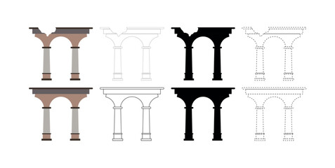 Set Greek arch whole and destroyed, classicism in flat style, outline, contour, dotted line For children's exercises, trace and color