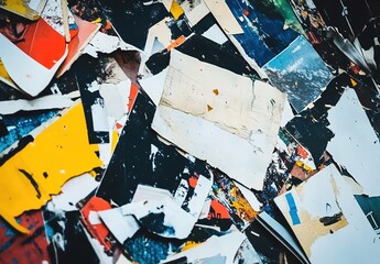 Fototapeta premium A pile of torn and cut-out posters on the floor, close-up, with various colors and shapes of paper, creating an artistic composition.