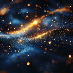 Fototapeta premium glowing golden particles over a blue background, representing stars, glitter, and magical textures. The composition has a dreamy feel.