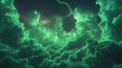 Dreamlike nocturnal scene with fluffy green clouds and subtle lightning