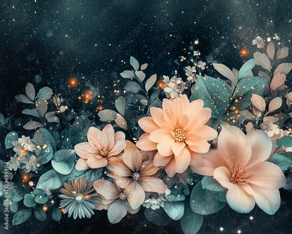 Aufkleber peach and teal flowers, leaves, and glowing dust particles create a dreamy, enchanted garden scene, 