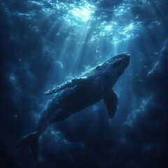 Fototapeta premium a majestic whale swimming gracefully in the deep ocean, with sunlight piercing through the water