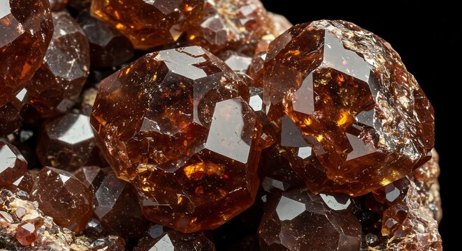 輝く琥珀色ガーネット群 精密な配置 深みのある光沢