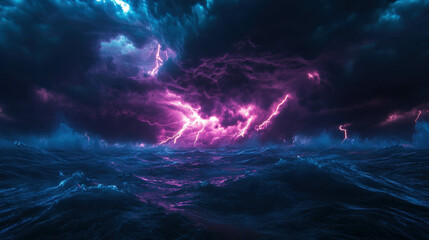 Intense thunderstorm over a dark ocean with crashing waves and lightning