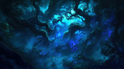 Obraz premium Mystical and mysterious dark stormy forest with gnarled trees