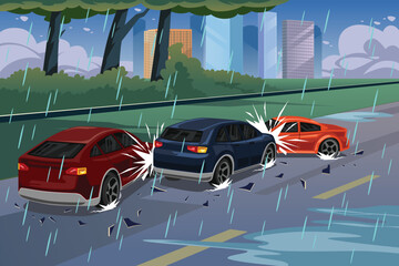 Multiple Car Accidents on a Rainy Day Vector Illustration