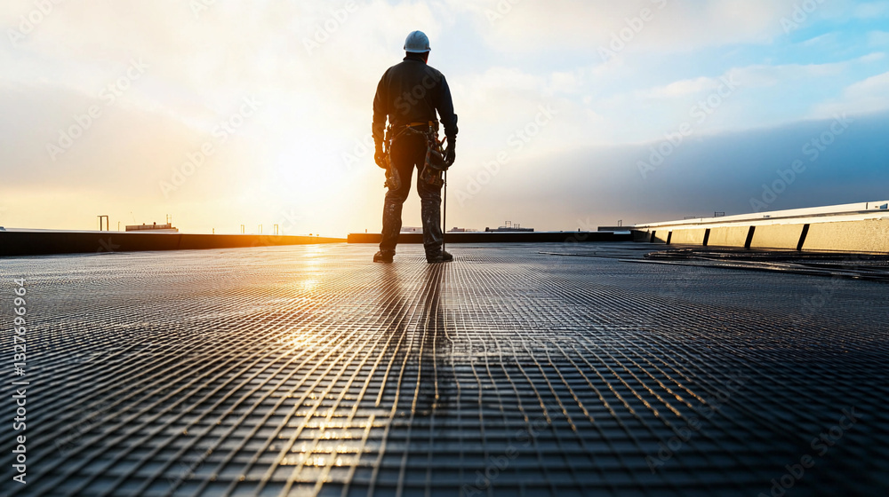 Poster Worker applying reinforced plastic mesh on rooftop at sunset Generative AI
