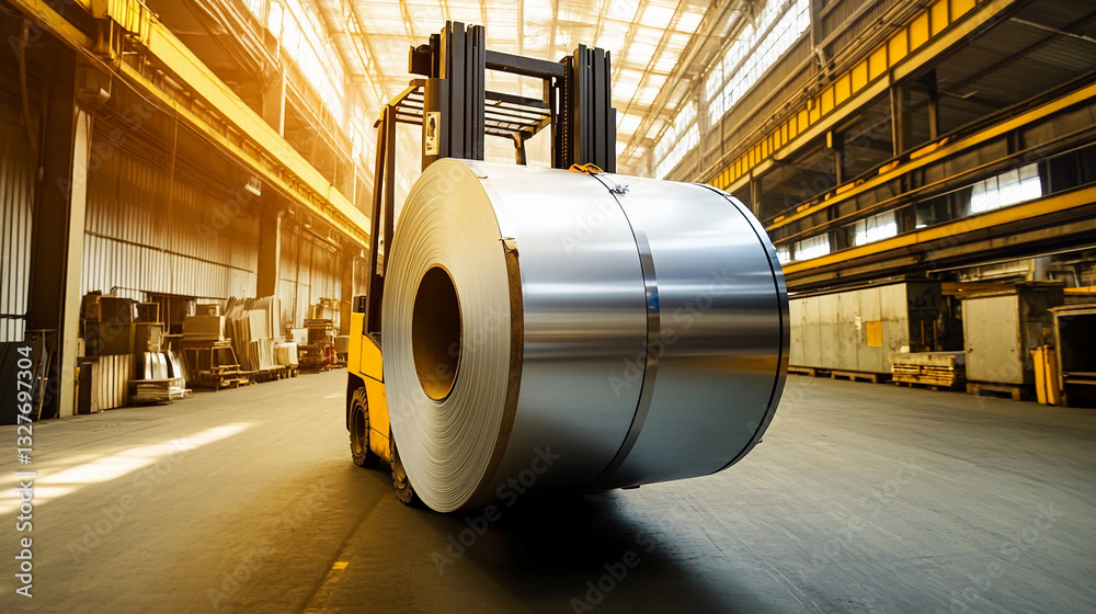Poster carrying a large aluminum steel roll in a warehouse environment generative ai