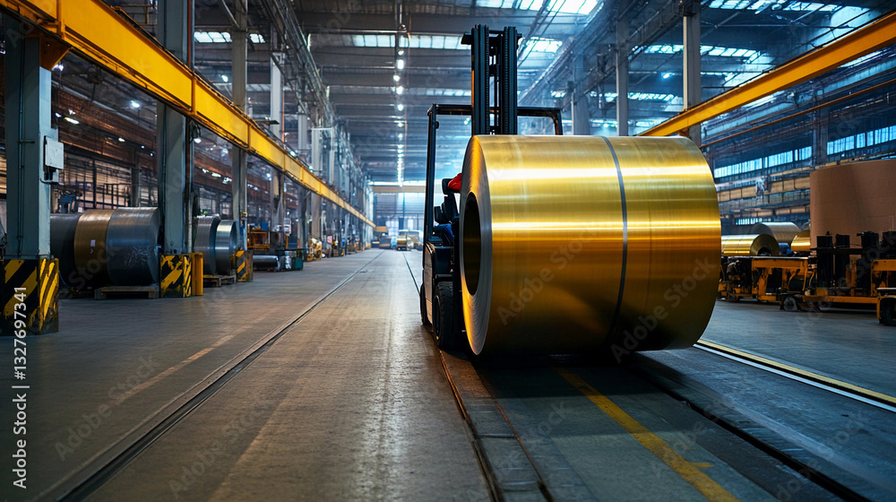 Poster carrying a large brass steel roll through the factory generative ai