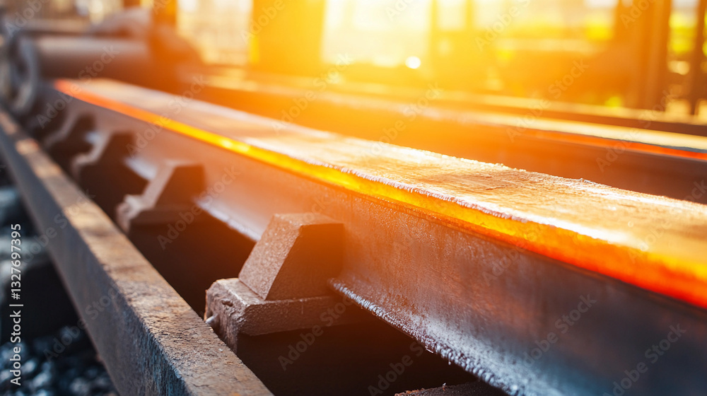 Poster steel moving on conveyor belt in warm industrial setting generative ai