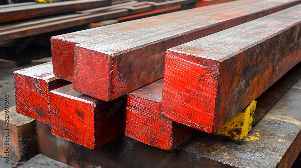 Poster red metal blank stacked on work surface in manufacturing area generative ai