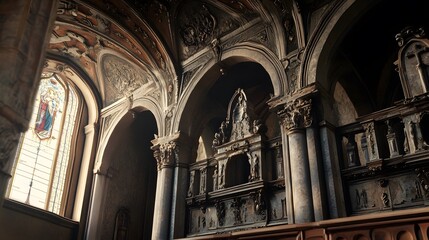 Fototapeta premium Majestic Gothic Church Interior with Stained Glass Windows