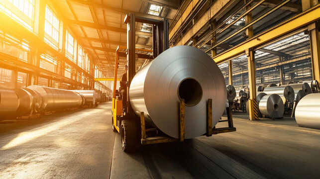 Forklift transporting large titanium steel roll in workshop Generative AI