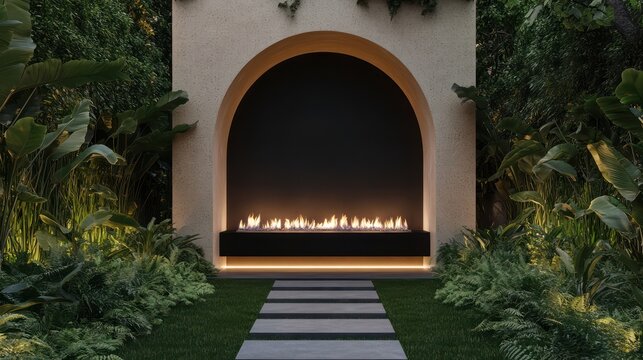 A sleek minimalist outdoor fireplace, framed by an arched limestone entrance with black steel accents - Powered by Adobe