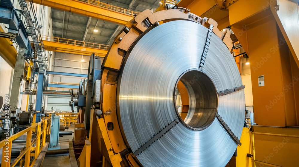 Aufkleber aluminum steel rolls being processed in a factory setting generative ai