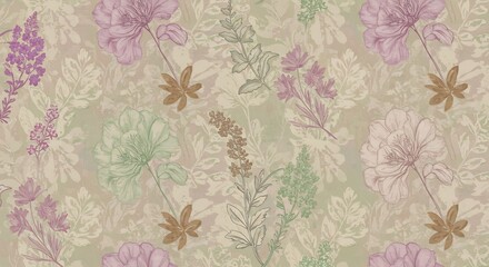 優美なパステルカラーの花柄 繊細な線画 穏やかな雰囲気