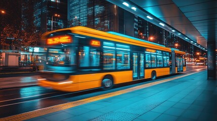 Obraz premium Night bus moving fast urban stop