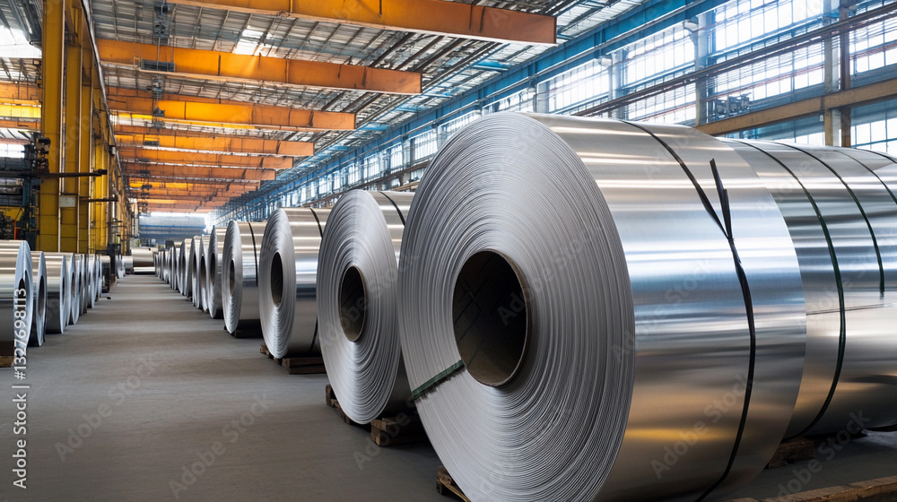Aufkleber Rolled aluminum metal sheets stored in factory setting Generative AI