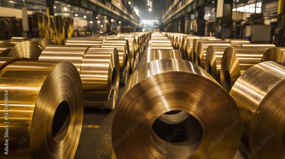 Poster stored rolled brass metal sheets in a manufacturing facility generative ai