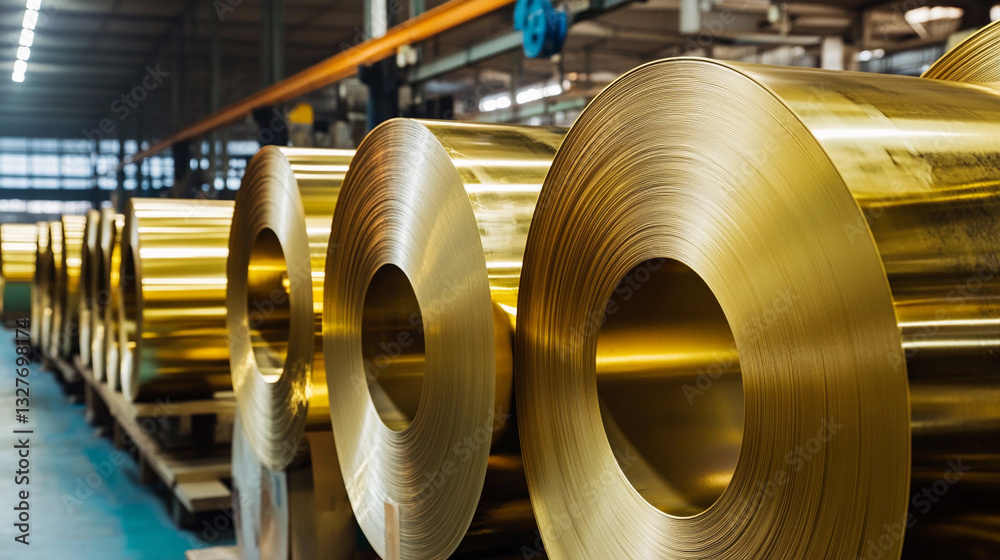 Poster rolled brass metal sheets stored in a manufacturing facility generative ai