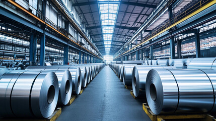 Obraz premium Rolled aluminum metal sheets stored in a manufacturing facility Generative AI