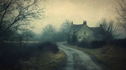 Fototapeta premium Haunting Foggy Road to an Isolated House