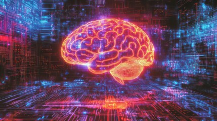 A glowing, digital brain floats above a network of glowing circuits, symbolizing artificial intelligence and advanced technology.