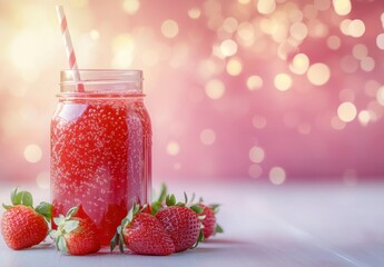 Refreshing Strawberry Drink in Mason Jar with Strawberries and Bokeh Lights